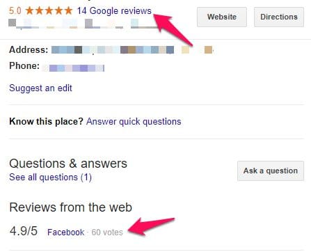 External Reviews shown on Google Reviews